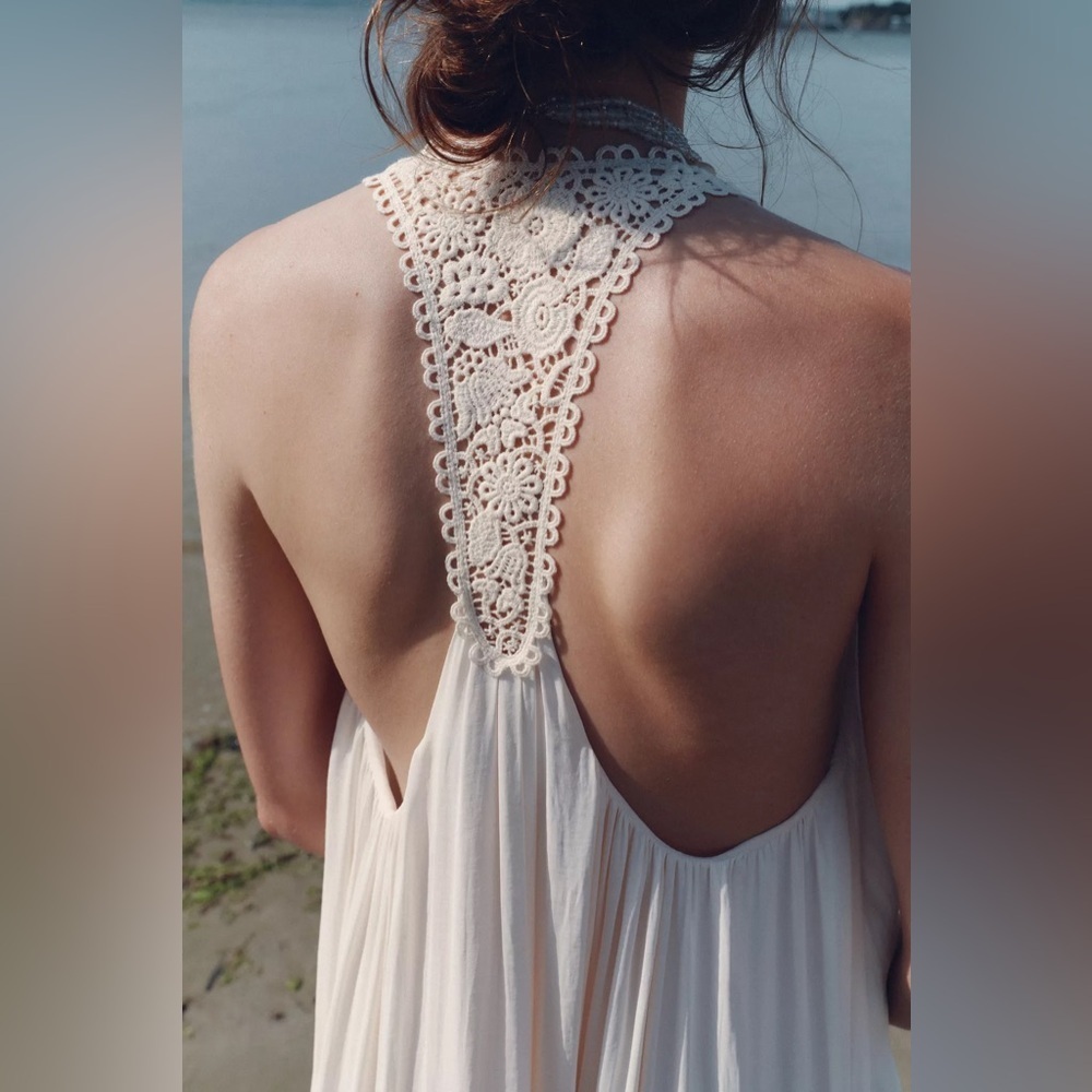 Flowy White Halter Maxi Dress Lace Back Beach Boho Romantic Bride Zara NWT M-L - Picture 6 of 13